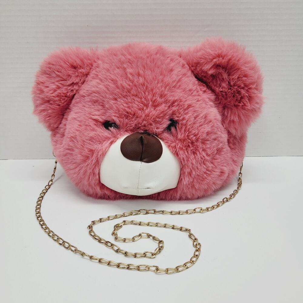Plush Pink Bear Head 3D Backpack Purse Gold Chain Cosplay Dressup Anime
